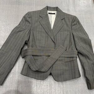 [US2]Marlowe Gray Plaid Wool Rayon Blazer Attached Belt
